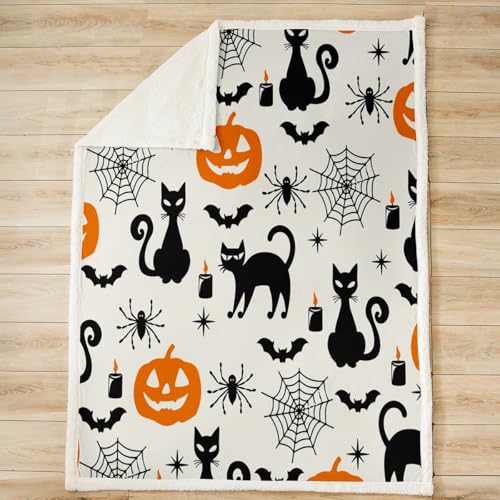Halloween Sherpa Plush Blanket - Black Cat Pumpkin Ghost Fleece Throw 50x60 Inches - Variation of THIS listing