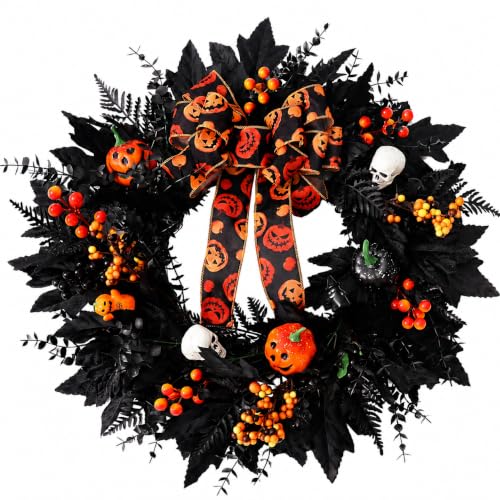 Halloween Wreath for Front Door with Pumpkin Bow - Black Skeleton Spider Web Decor