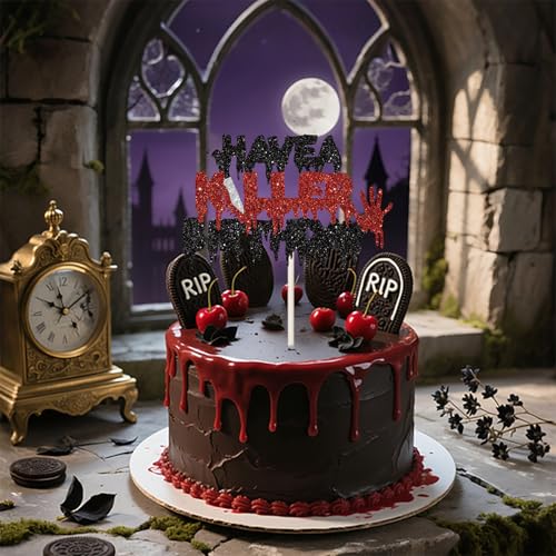 Halloween Cake Topper - Black and Red Glitter Horror Birthday Decorations