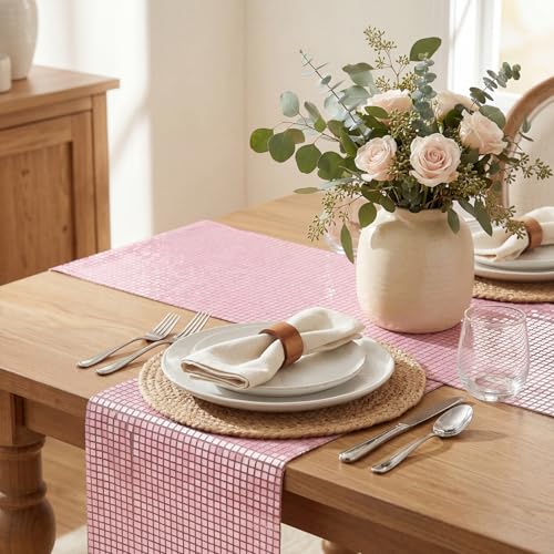 Pink Glitter Disco Sequin Table Runner 12x72 Inch - Retro Party Decor