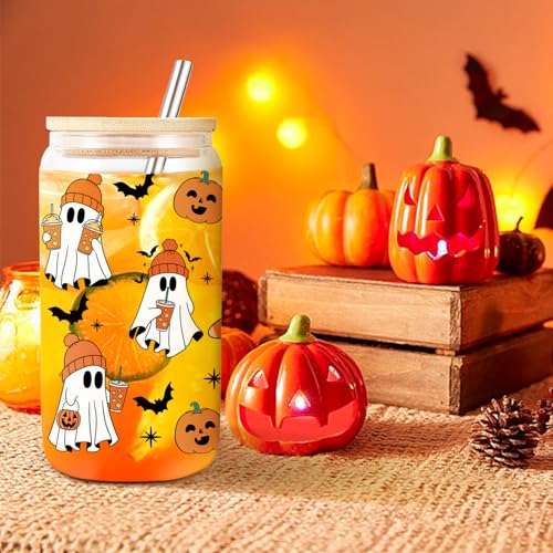 Halloween Ghost Glass Mug - 16 oz Spooky Coffee Cup with Lids & Straws