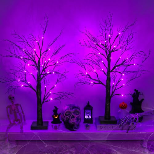2 Pack Halloween Tree Lights - Purple LED 24-Inch Spooky Decor with Timer & USB
