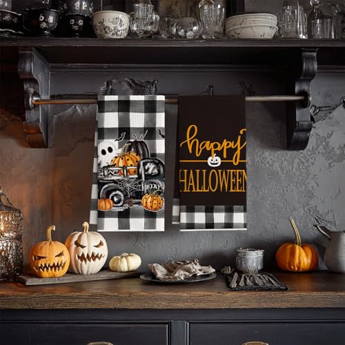 18x26 Inch Microfiber Kitchen Towels Set of 4 - Black Halloween Pumpkins & Ghost Design