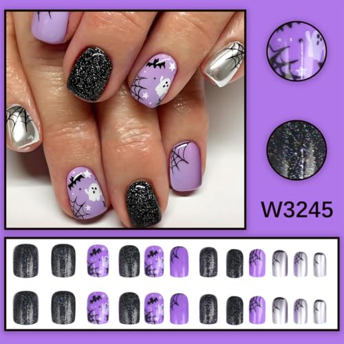 Halloween Press On Nails Short Square Fake Nails with Ghost Design - Purple Pink Black Variation 17