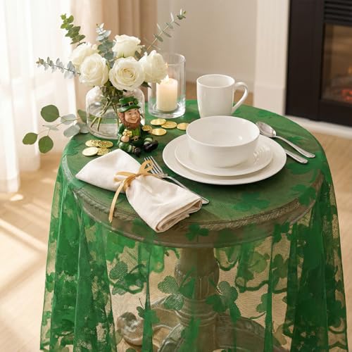 Horaldaily St. Patrick's Day Round Lace Tablecloth 60x60 Inch Green Shamrock