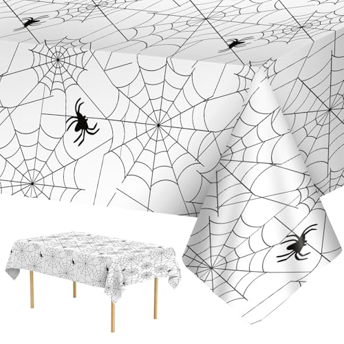 White Halloween Spider Web Plastic Tablecloths - Set of 2, 108x54 Inch