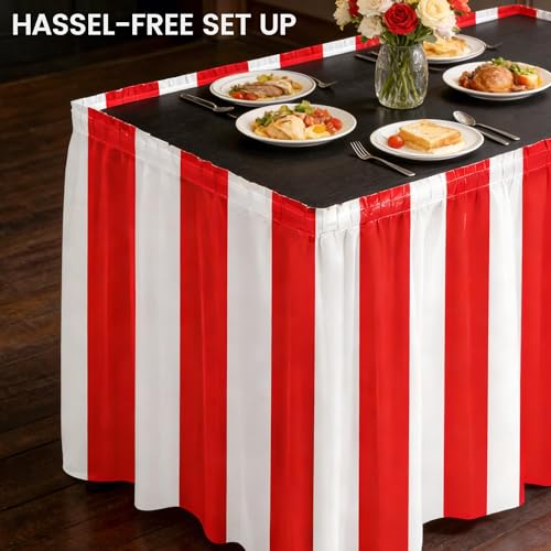4 Pack Red and White Striped Carnival Table Skirts 14ft x 30in for Party Decorations - Variation of 4