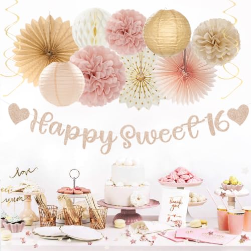 Girls Sweet 16 Birthday Decorations Set Champagne Gold Beige Party Supplies - Huglony