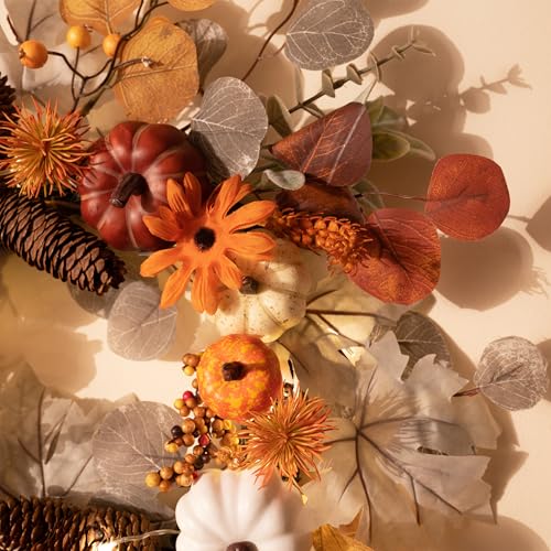 18-Inch Fall Halloween Wreath with Lights - White, Orange & Brown Door Decor