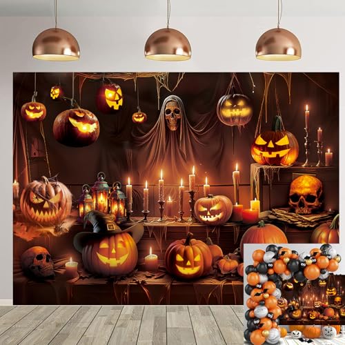 Halloween Horror Backdrop Skeleton Pumpkin Lantern Haunted House Banner - 8x6FT