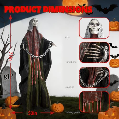 Red Halloween Skeleton with LED Red Glowing Eyes, Sound & Motion Activated, Swaying Body, Adjustable Arms, Yard & Indoor Decor