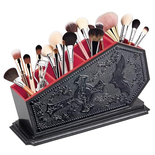 Gothic Coffin Makeup Brush Holder - Red 2 - Spooky Bat Cosmetic Display