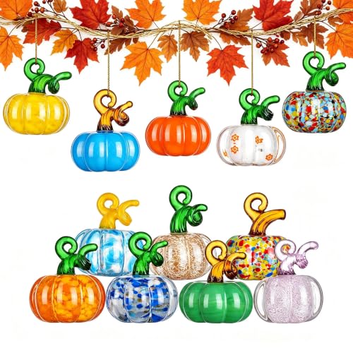12pcs Fall Tree Ornaments - Hand-Blown Glass Pumpkins for Halloween & Thanksgiving - Pumpkin Hanging Decor