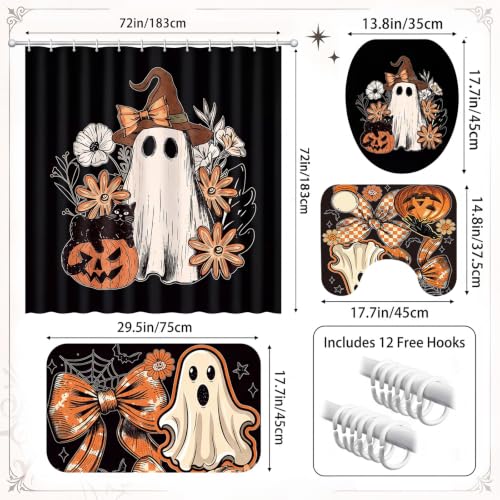 Halloween Ghost Shower Curtain Set with Witch Hat - 71x71 Inch Bathroom Decor - Ghost Pumpkin