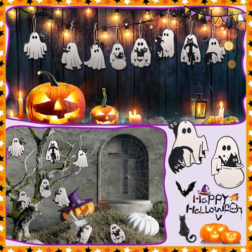 Halloween Ghost Cat Wooden Hanging Ornaments - 24 Pack, Spooky Home Decor