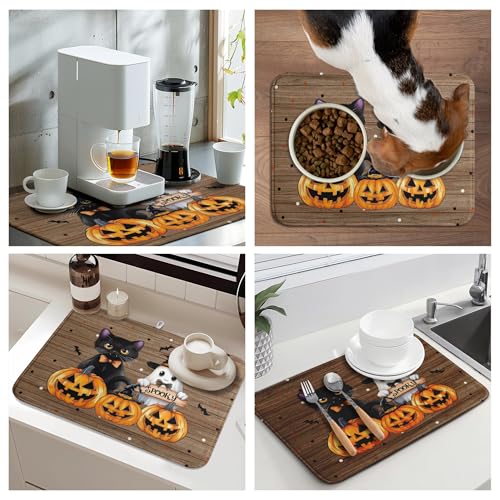 Halloween Spooky Ghost Pumpkin Dish Drying Mat - Ghost Cat Variation 18x24 in