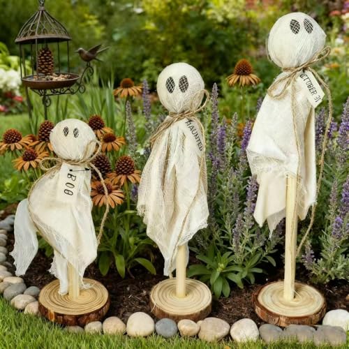 Ghost Halloween Decorations Set - Rustic Wooden Farmhouse Shelf Sitters with Fabric Ghost Figures - Indoor Outdoor Fall Decor - Variation: Ghost