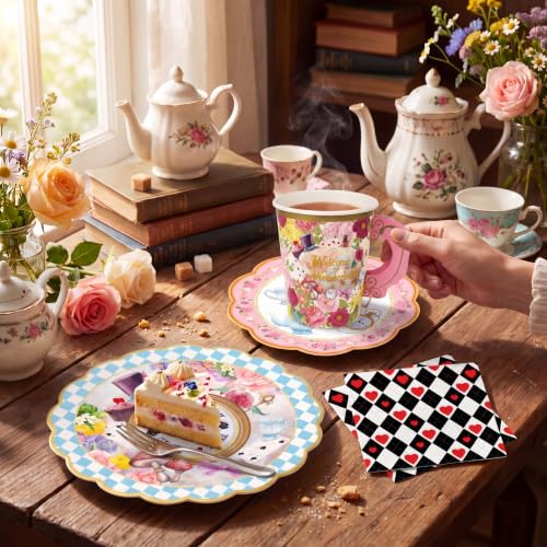 FillTouch Wonderland Paper Tea Cups and Saucers Set - 50 Pieces for Tea Party