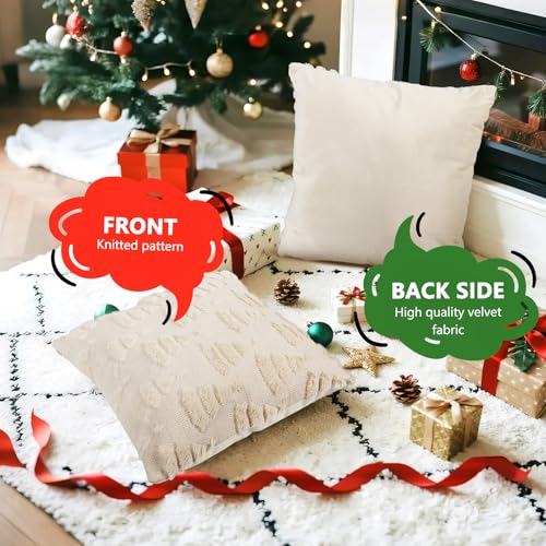 Christmas Tree Pattern Faux Fur Pillow Covers Set of 2 - 18x18 Inches Beige