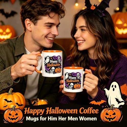 Halloween Coffee Mug - Happy Halloween Ghost Skeleton Pumpkin Bat Ceramic Cup - Spooky Cute 11oz