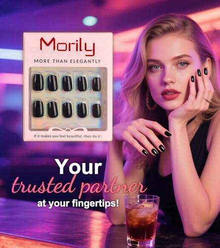 Morily Black Press On Nails Short Square Gel Finish - Glossy Black, 16 Sizes, 32 Pcs