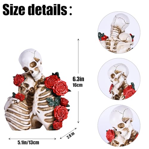 White Snuggling Gothic Skeleton Couple Resin Statue with Roses - Halloween Decor