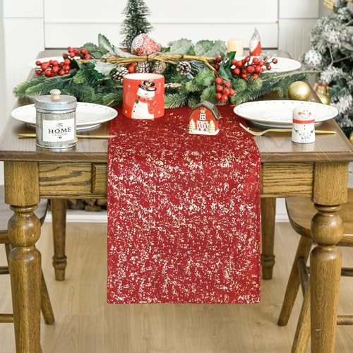 Red Dutch Fleece Table Runner 13x90 Inch Holiday Dining Decor Glitter Metallic Foil
