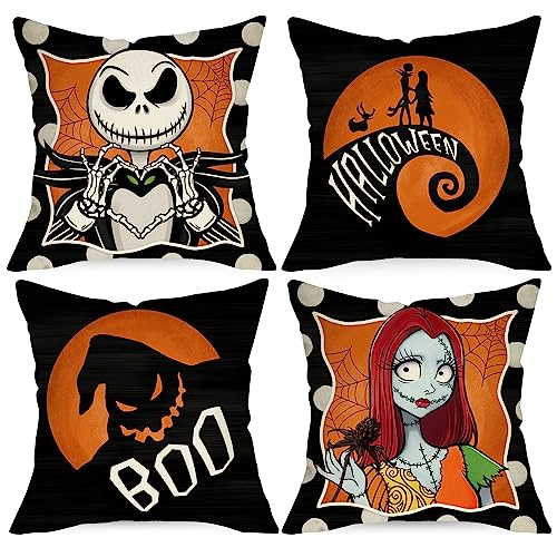Halloween Decorative Throw Pillow Covers 20 x 20 Set of 4 - Orange Jack Skeleton & Ghost Design