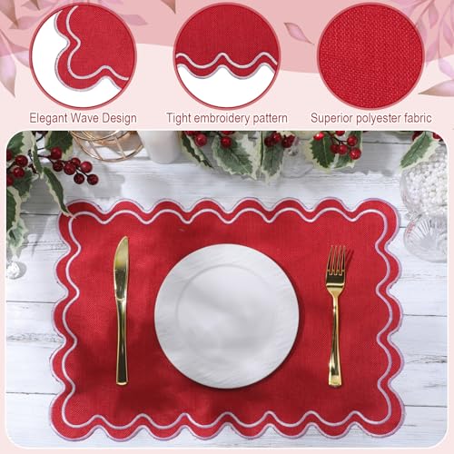 12-Pack Linen Placemats Set - Red, 13x19-inch Wavy Embroidered, Double Layer