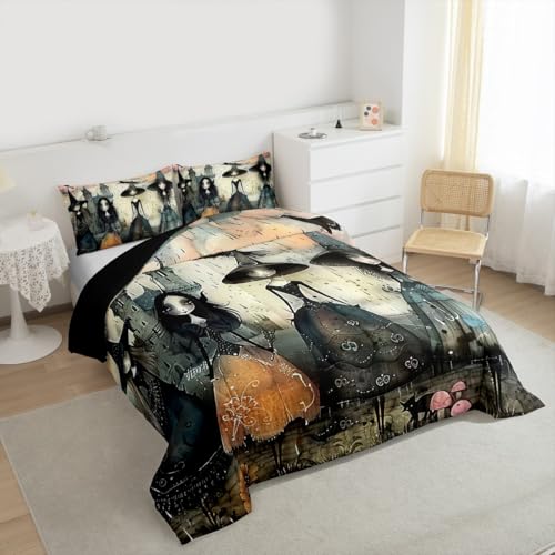 Gothic Witch Comforter Set Black & Grey Full Size Bedding with Spooky Design - Enchantress Halloween Decor