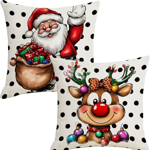 Christmas 18x18 Inch Pillow Covers Set of 2 Santa Elk Double-Sided Holiday Decor
