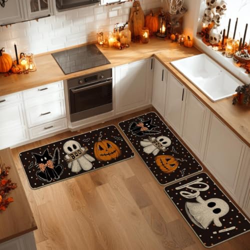 Halloween Kitchen Mats Set of 3 - Black Non-Slip Floor Mats 17x29/36/47 Inches