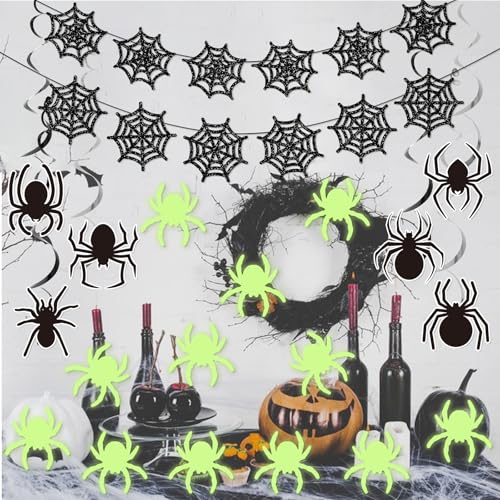 Halloween Hanging Spider Web Decorations Set with Glitter Garlands and Glow-In-The-Dark Stickers