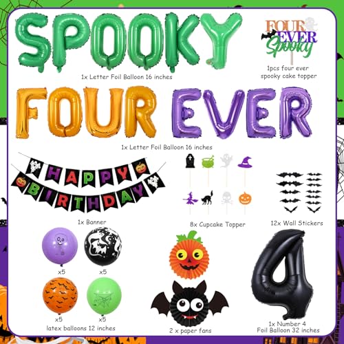 Halloween 4th Birthday Party Decorations Foil Balloons Banner & Ball Set - Black, Orange, Green, Ghost & Bat Theme with Variation Black Orange Green