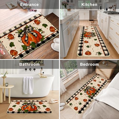 Fall Kitchen Mat Set of 2 - Plaid Pumpkin Non-Slip Rugs for Fall & Halloween Decor