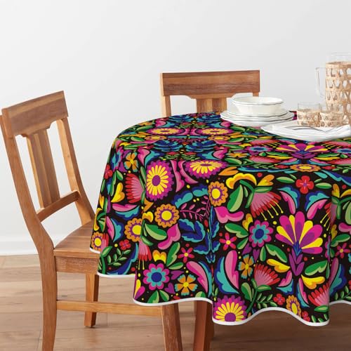 Round Tablecloth 90x90 Inch Black Dia De Los Muertos Design - Durable Polyester