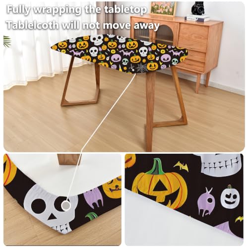 Halloween Pattern Fitted Oval Tablecloth 42x60 Inch Stretchy Spandex Skull Design - Black