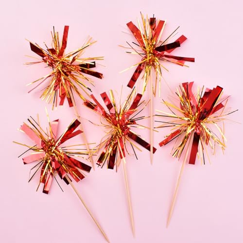 Foil Tinsel Cake Toppers Firework Cupcake Picks - White Pink 40 Pcs