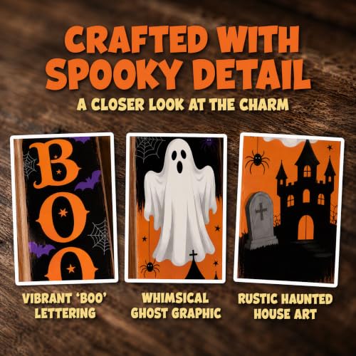 Hey Boo Halloween Porch Sign - Rustic Wooden Welcome Decoration with Ghosts & Tombstones - 47.2 Inch Vertical Farmhouse Style Halloween Sign - Variation: Hey Boo-2026