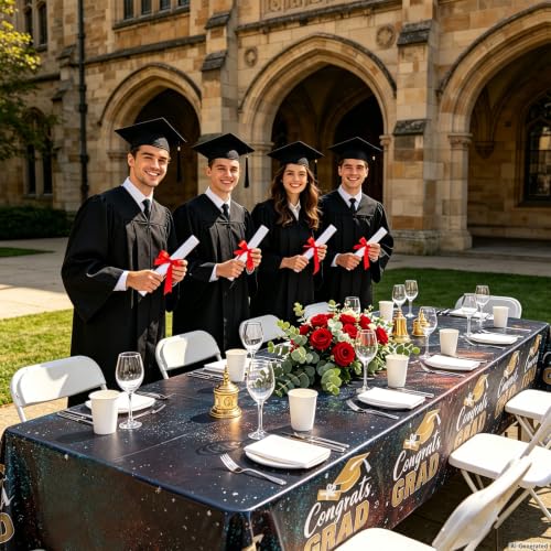 Black Graduation Tablecloth - 9ft Shimmering Laser Holographic Cover, 3 Pack