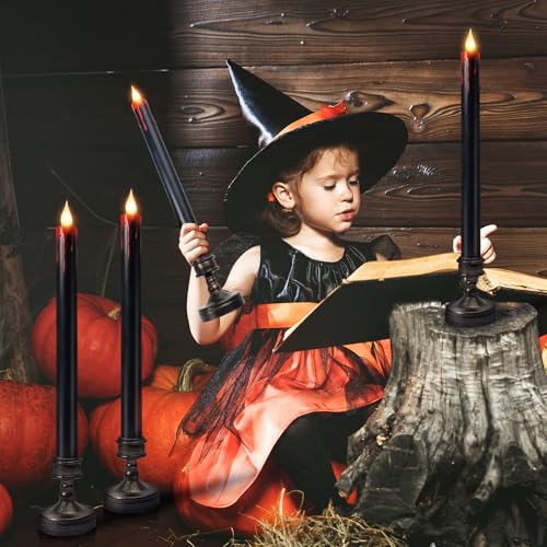 Black Flameless Bleeding Taper Candles with Base - Halloween Set, 8 Pack, Blood Variation