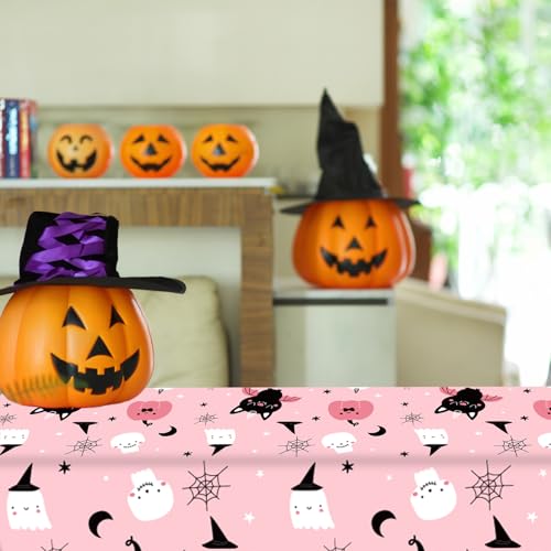 Pink Halloween Plastic Tablecloth 54x108 Inch - 3 Pack, Ghost Pumpkin Bat Design, Disposable Party Decor