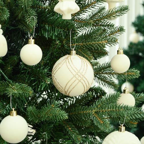 White Velvet Christmas Ornaments Set - 38 Shatterproof Holiday Baubles for Tree & Decorations
