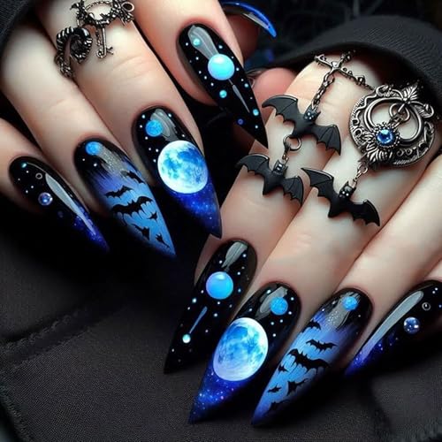 Halloween Press On Nails Long Bat Moon Pattern - Variation of THIS listing 7