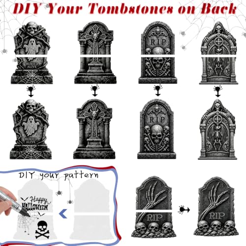 Halloween Tombstones Outdoor Decorations 5 Pack - Plastic Gravestones with Metal Stakes