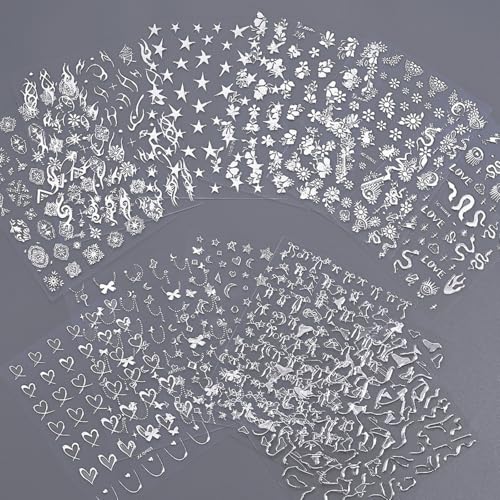 Silver Nail Art Stickers - 12 Sheets 3D Self-Adhesive Manicure Decals Style25