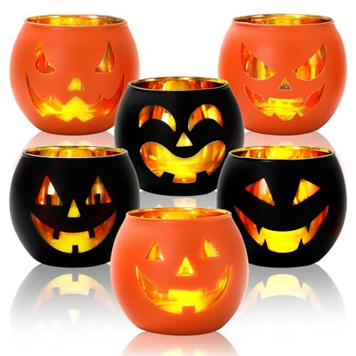 Halloween Candle Holders Set – Black & Orange Pumpkin Face Glass Decor for Parties & Home