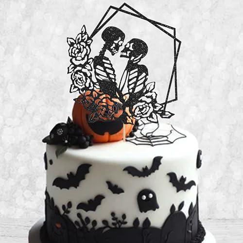 Halloween Skull Wedding Cake Topper with Floral Frame - Gothic Celebration Decoration