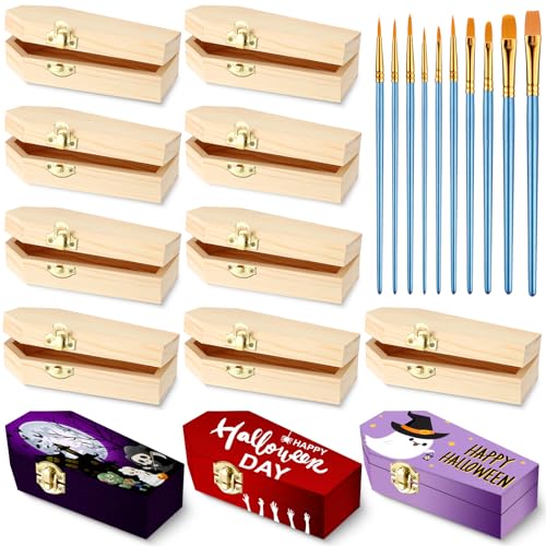 Unfinished Wooden Coffin Boxes with Art Brushes - DIY Jewelry & Craft Storage Set