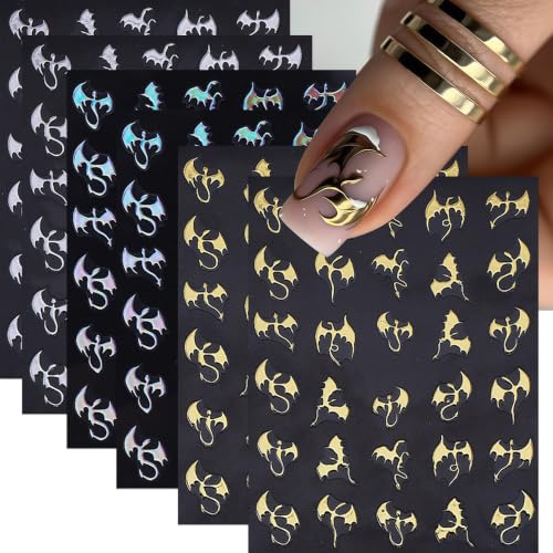 Halloween Dragon Nail Stickers 6 Sheets Gothic Holographic Nail Decals - Bat & Y2K Design